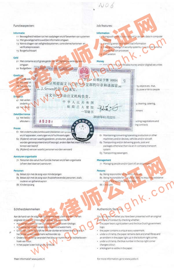 荷蘭無犯罪記錄證明大使館認證樣本