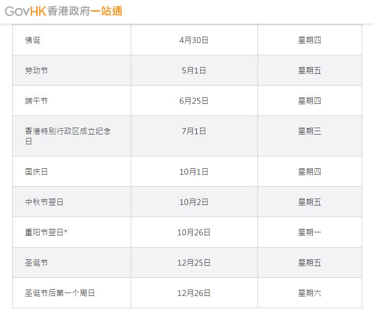 有關香港2020年中秋國慶放假安排