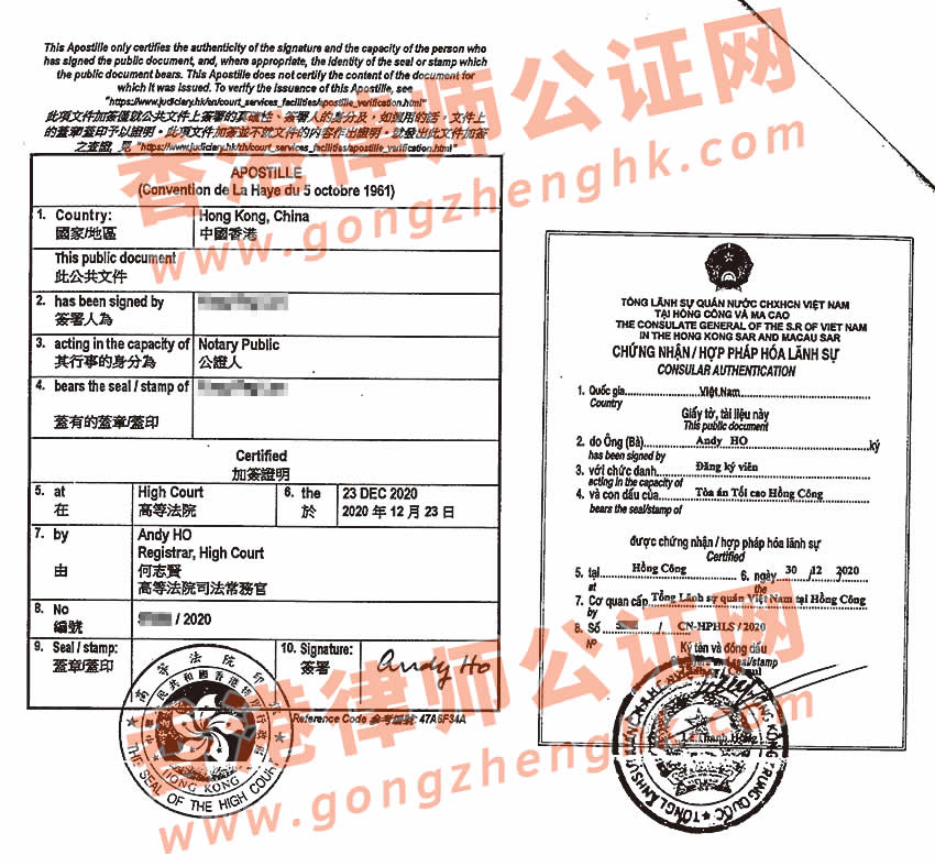 香港護(hù)照公證認(rèn)證樣本用于越南注冊公司