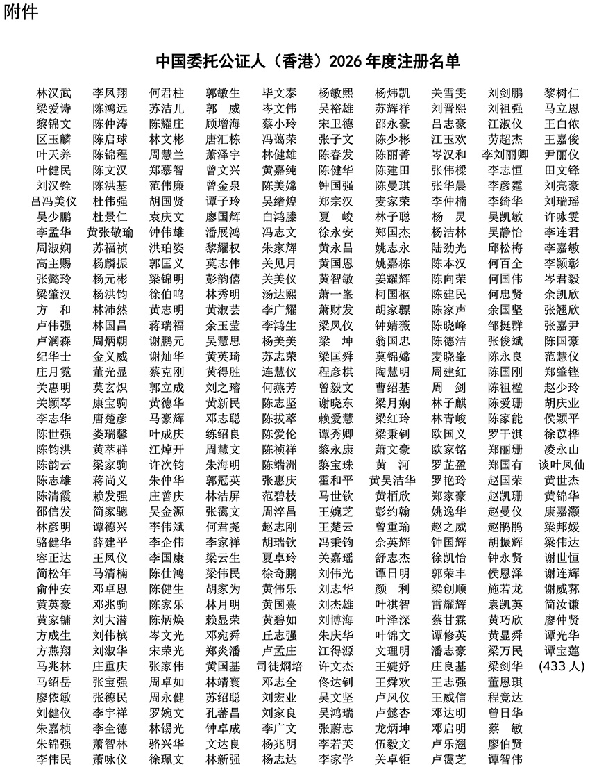 2026年最新注冊(cè)的中國(guó)委托公證人（香港）名單